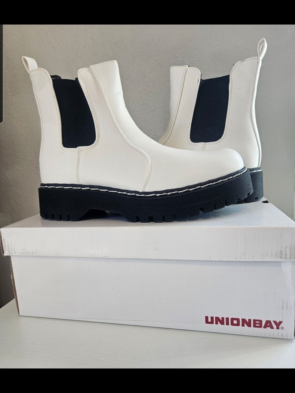 UNIONBAY White Chelsea Lug Ankle Boots with Black Elastic